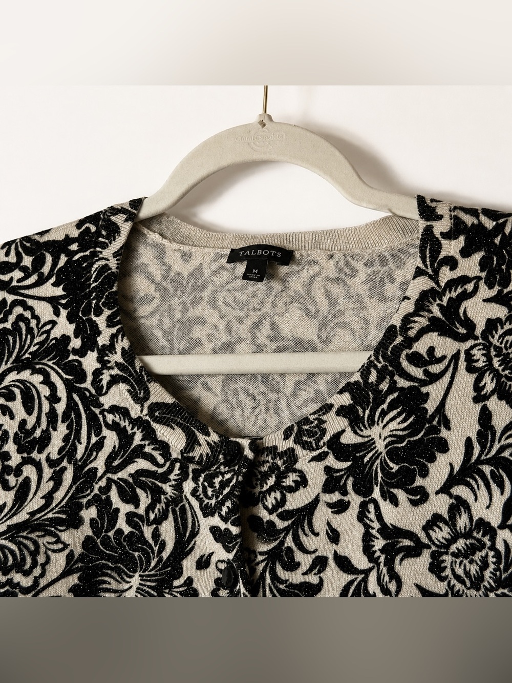 Talbots Damask Metallic Shimmer Cardigan Sweater Black Cream Medium - Picture 3 of 8